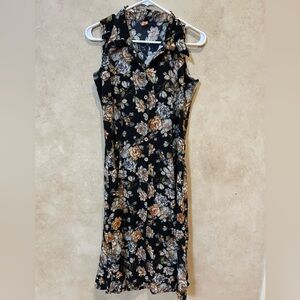 Floral Black and Brown Sleeveless mini Dress medium collared retro 90s